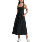 Crz Yoga Square Neck Maxi Dress For Women - Flowy Sleeveless Padded Travel Casual Outfits With Side Pockets