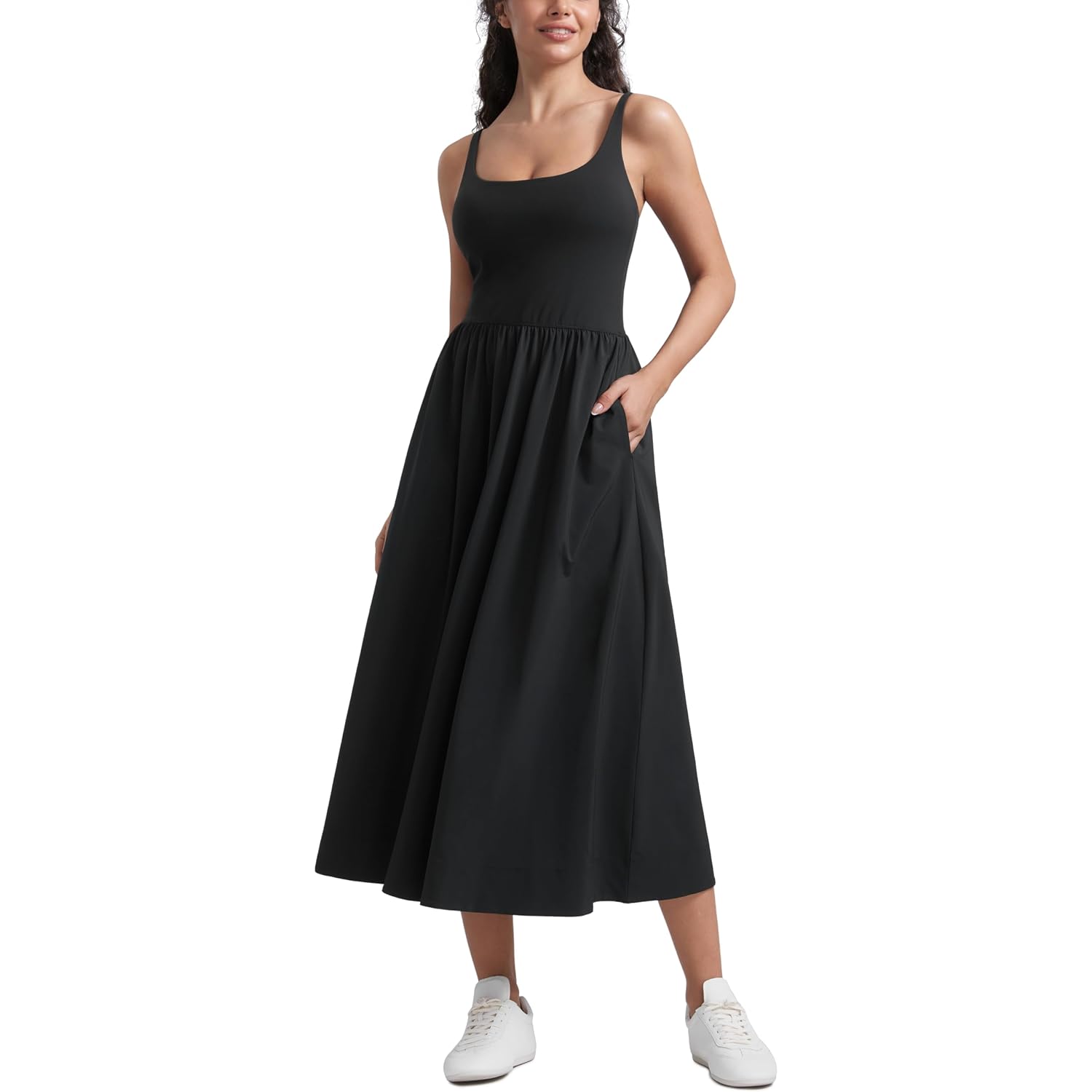 Crz Yoga Square Neck Maxi Dress For Women - Flowy Sleeveless Padded Travel Casual Outfits With Side Pockets