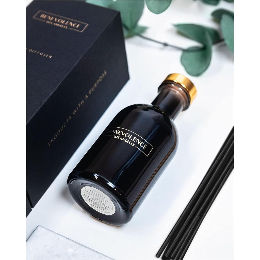 Benevolence La Premium Lavender & Eucalyptus Reed Diffuser Set – Essential Oil Diffuser For Home & Bathroom – Up To 120-Day Fragrance With Rattan Sticks & Gift Box – Charcoal Glass Room Décor