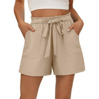 Womens Summer Shorts with Pockets Lightweight High Waisted Adjustable Tie Knot Loose Casual Short