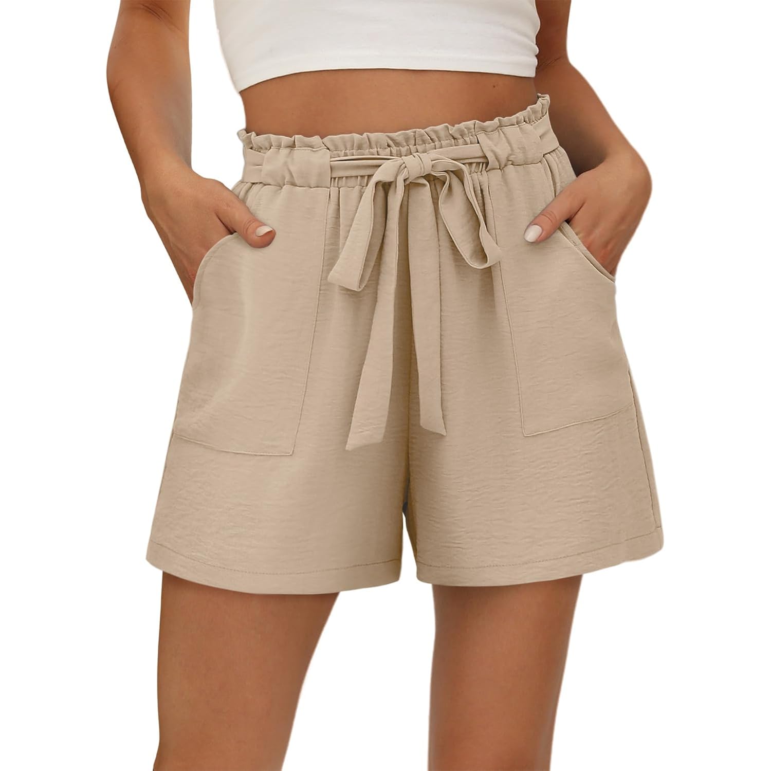 Womens Summer Shorts with Pockets Lightweight High Waisted Adjustable Tie Knot Loose Casual Short