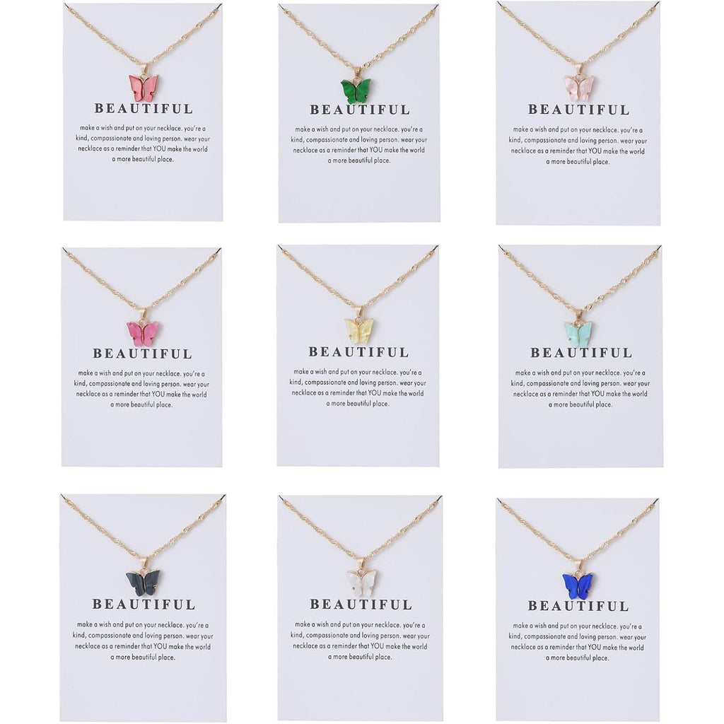 Rrdaily 9 Pcs Dainty Colorful Butterfly Pendant Necklace Set for Women,Bohemian Acrylic Butterfly Chain Necklace Cute Jewelry Gift