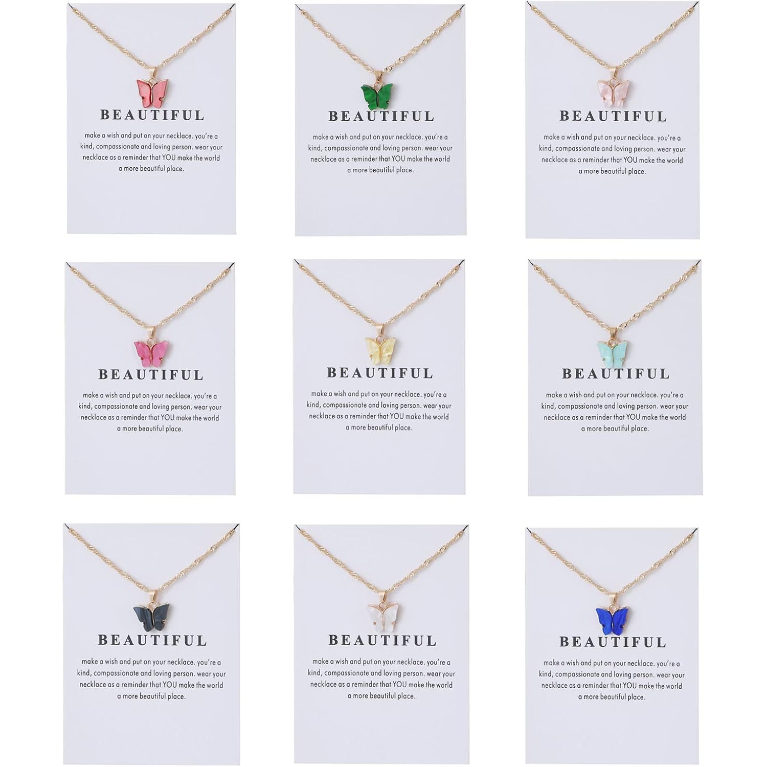 Rrdaily 9 Pcs Dainty Colorful Butterfly Pendant Necklace Set for Women,Bohemian Acrylic Butterfly Chain Necklace Cute Jewelry Gift