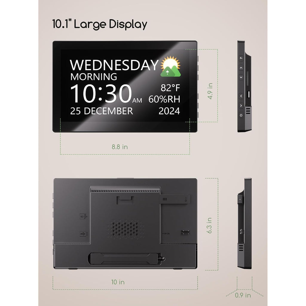 Digital Clock, 10.1 Inch Large Display Calendar Clock With 12 Themes, 20 Alarms, 20 Reminders, Auto Dimming, 12/24 Hours, Indoor Temperature, Humidity For Seniors, Desk (Black)