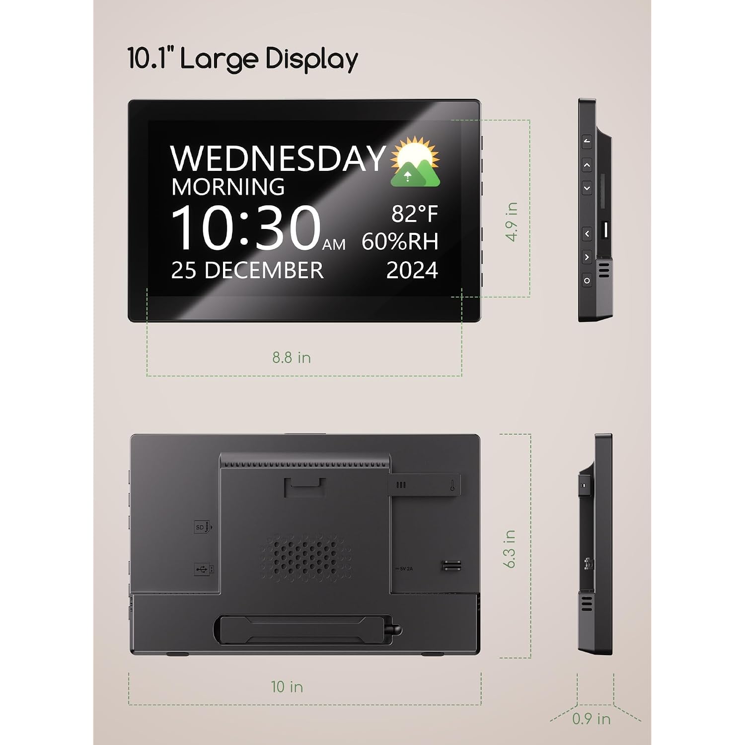 Digital Clock, 10.1 Inch Large Display Calendar Clock With 12 Themes, 20 Alarms, 20 Reminders, Auto Dimming, 12/24 Hours, Indoor Temperature, Humidity For Seniors, Desk (Black)