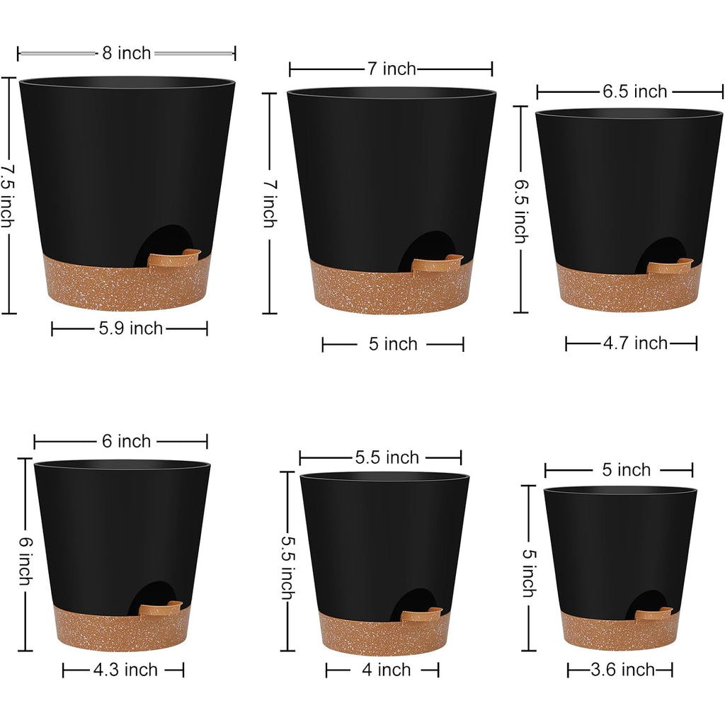 Ynnico Indoor Self Watering Planters With Drainage Holes And Saucers, 8, 7, 6.5, 6, 5.5, 5 Inches, Black, 6 Pots