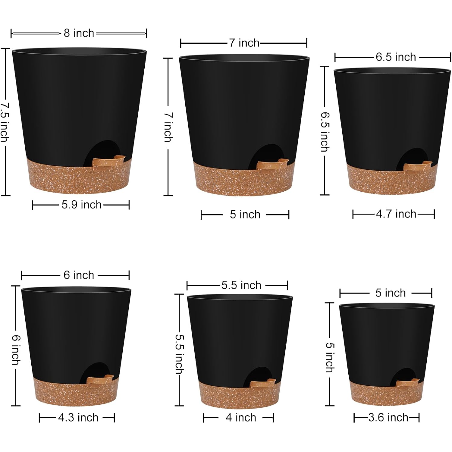 Ynnico Indoor Self Watering Planters With Drainage Holes And Saucers, 8, 7, 6.5, 6, 5.5, 5 Inches, Black, 6 Pots