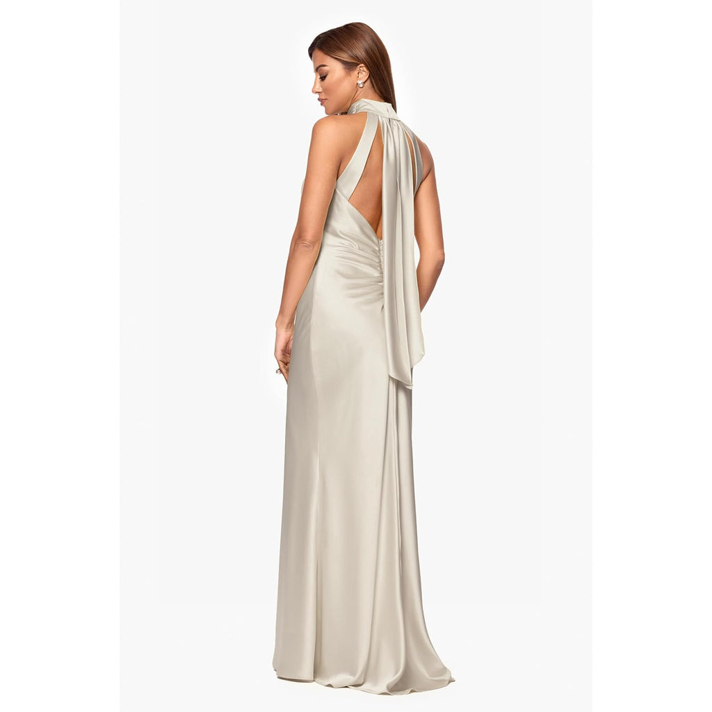 Xscape Women'S Satin Mock Neck Halter Floor Length Dress