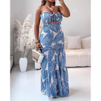 Chicme Floral Printed Vacation Dress Halter Tie Ruched Shirred Bandeau Party Dress Slim Ruffle Hem Wedding Guest Dress