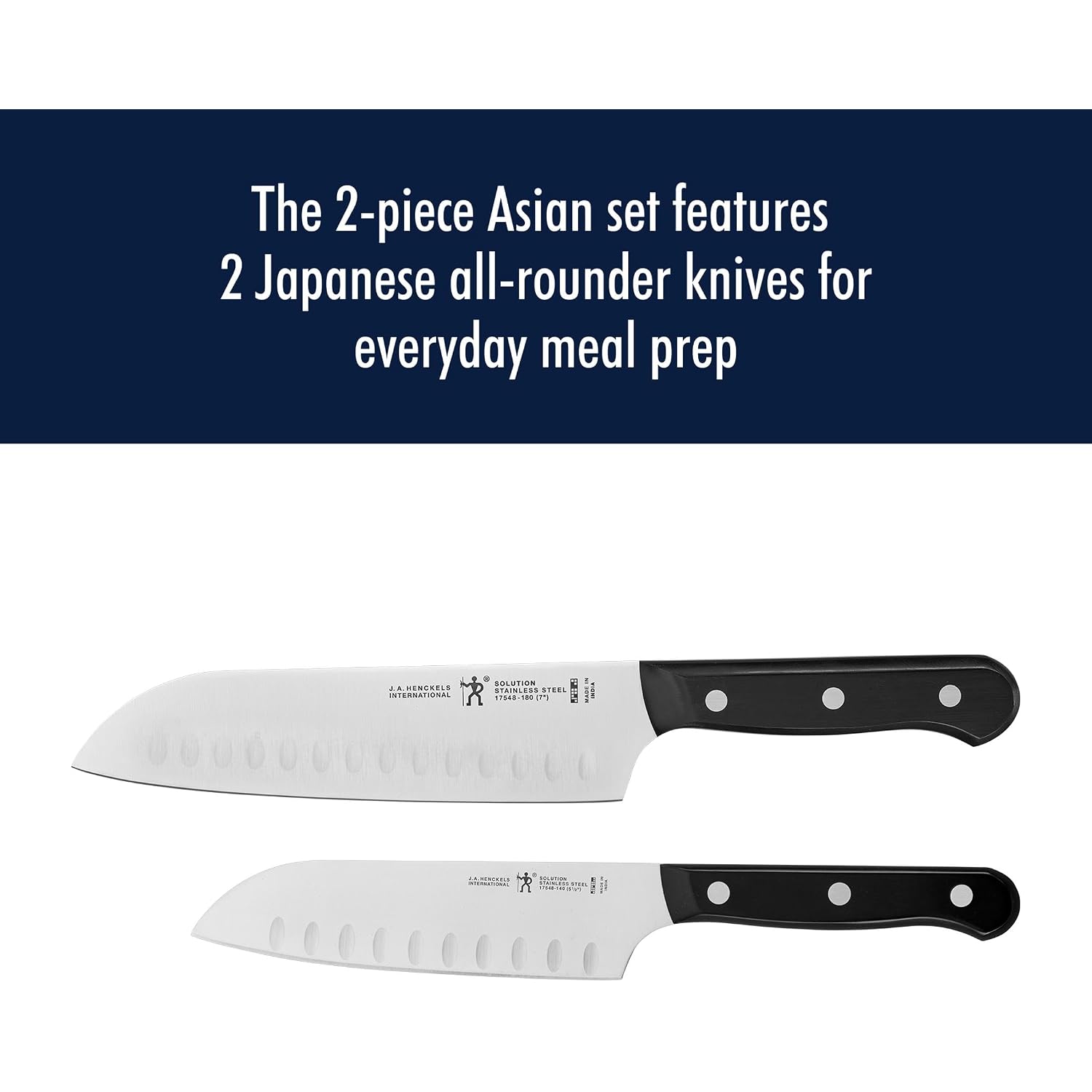 Henckels Solution 2-Pc Santoku Knife Set, Razor-Sharp, German Engineered | Informed By 100+ Years Of Mastery. Dishwasher Safe, Ideal For Everyday Cooking. Comes With 5" & 7" Santoku Knife Blade
