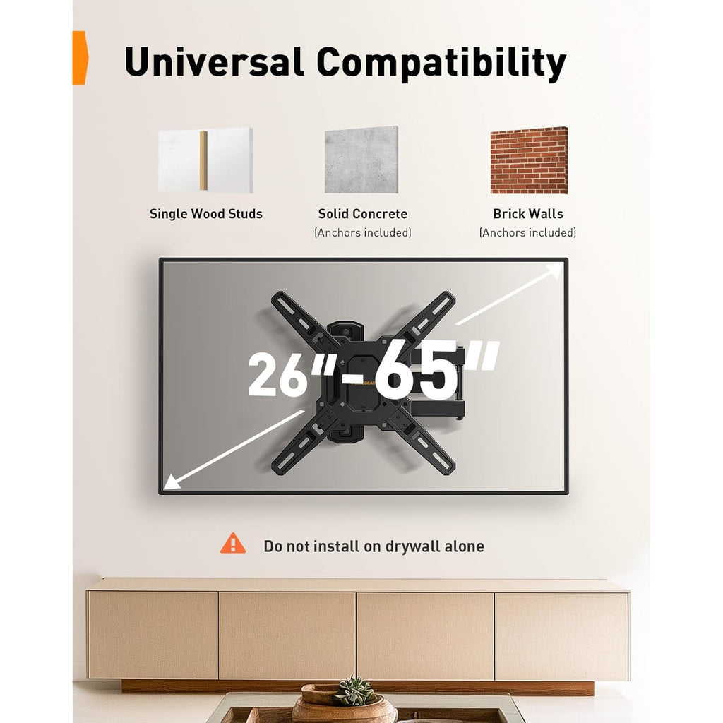 Perlegear Full Motion TV Mount for Most 26–65 inch Flat or Curved TVs up to 82 lbs, Wall Mount TV Bracket with Articulating Arms, Tool-Free Tilt, Swivel, Extension, Max VESA 400x400mm, PGMF3
