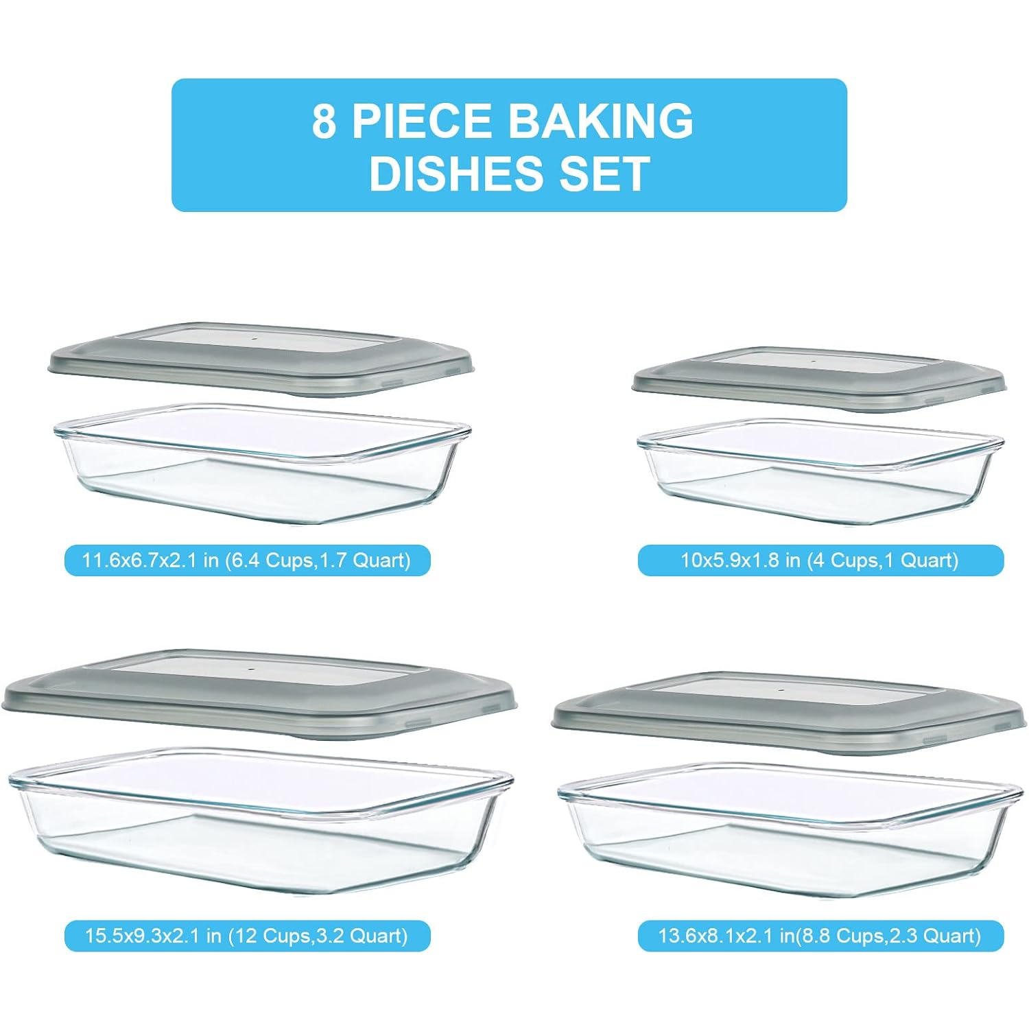 KOMUEE 8 Pieces Glass Baking Dish with Lids Rectangular Glass Baking Pan Bakeware Set with Lids, Baking Pans for Lasagna, Leftovers, Cooking, Kitchen, Fridge-to-Oven, Gray