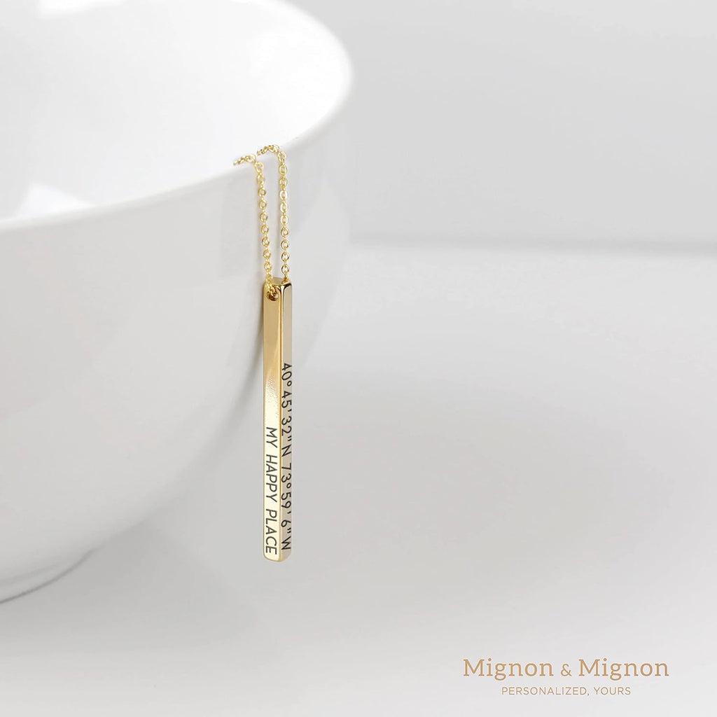 MignonandMignon 4 Sided Engraved Bar Necklace Personalized | Coordinates Name Necklace for Women Gold Silver | Custom Engraved Pendant Mom Gift Mothers Day Birthday