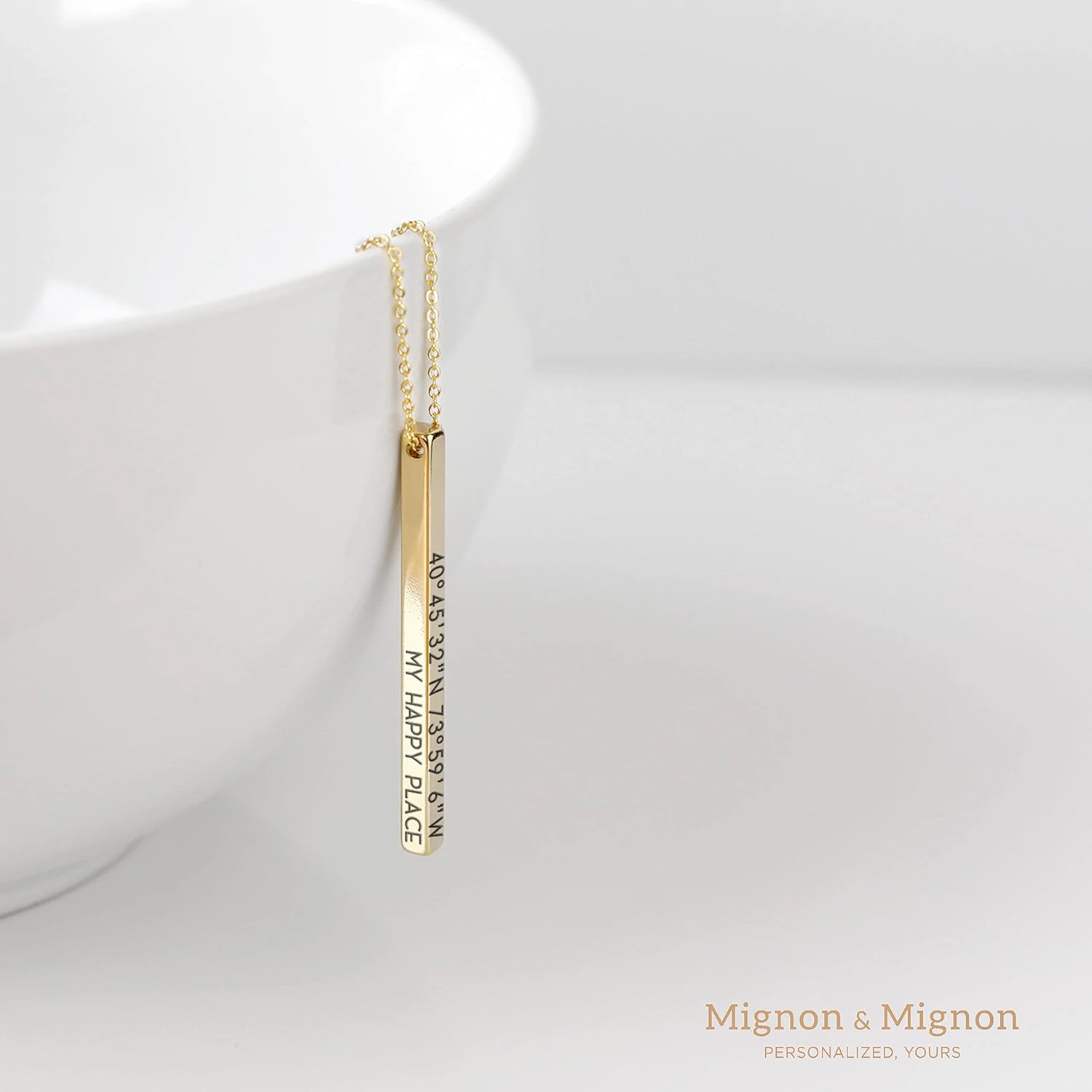 MignonandMignon 4 Sided Engraved Bar Necklace Personalized | Coordinates Name Necklace for Women Gold Silver | Custom Engraved Pendant Mom Gift Mothers Day Birthday