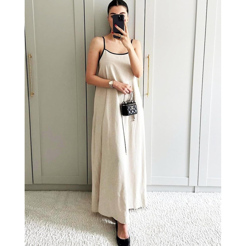 Senllen Women'S Linen Dress Summer Loose Flowy Sundress Contrast Spaghetti Strap Sleeveless Backless Beach Maxi Long Dresses