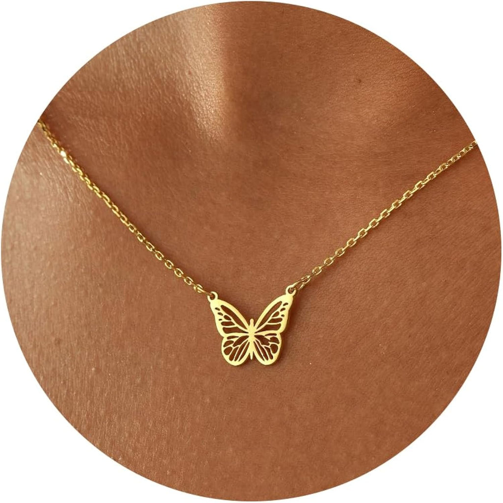14K Gold Plated Dainty Pendant Butterfly Bead Boot Bee Baseball Flower Compass Airplane Heart Hummingbird Tree Necklace Simple Jewelry Gift for Women