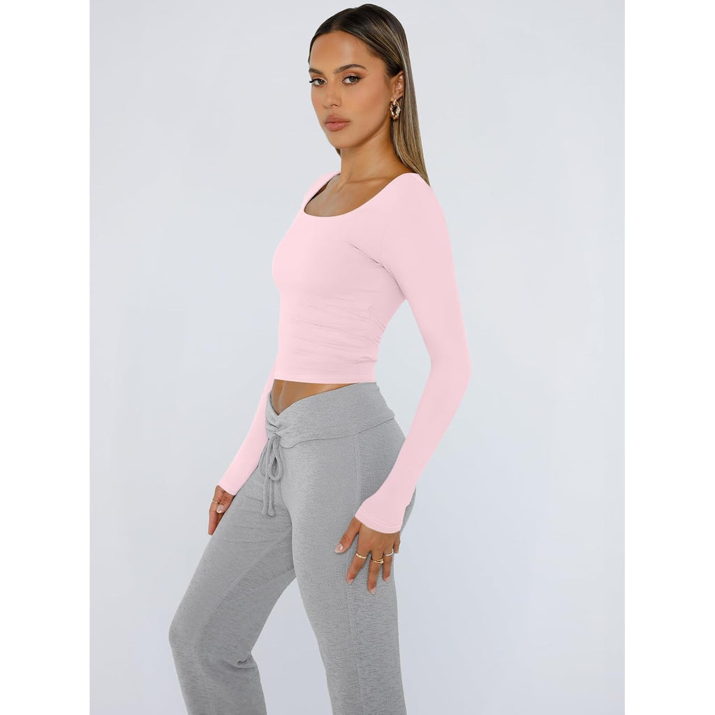 Trendy Queen Womens Square Neck Long Sleeve Shirts Double Lined Fall Tops | Buttery-Soft,High Stretch,Body-Hugging Fit,Essential Staple,Chic Layering Base,Office To Party Look