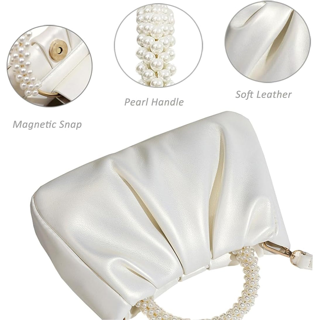 Beatfull Evening Purse Women Small Pearl Handbags Soft Leather Ruched Bag Wedding Bridal Clutch Party Prom Crossbody Purses