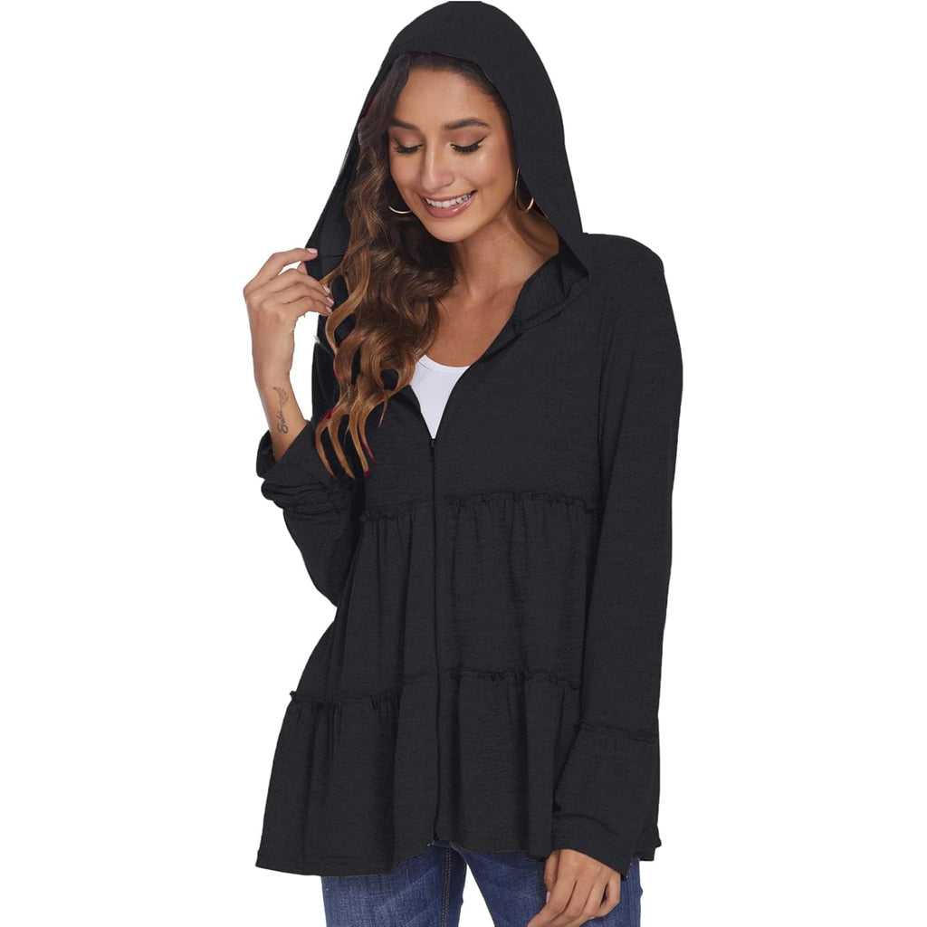 Full Zip Up Hoodie for Women Pleated Tiered Ruffle Hooded Sweatshirts Jacket Coat Long Sleeve