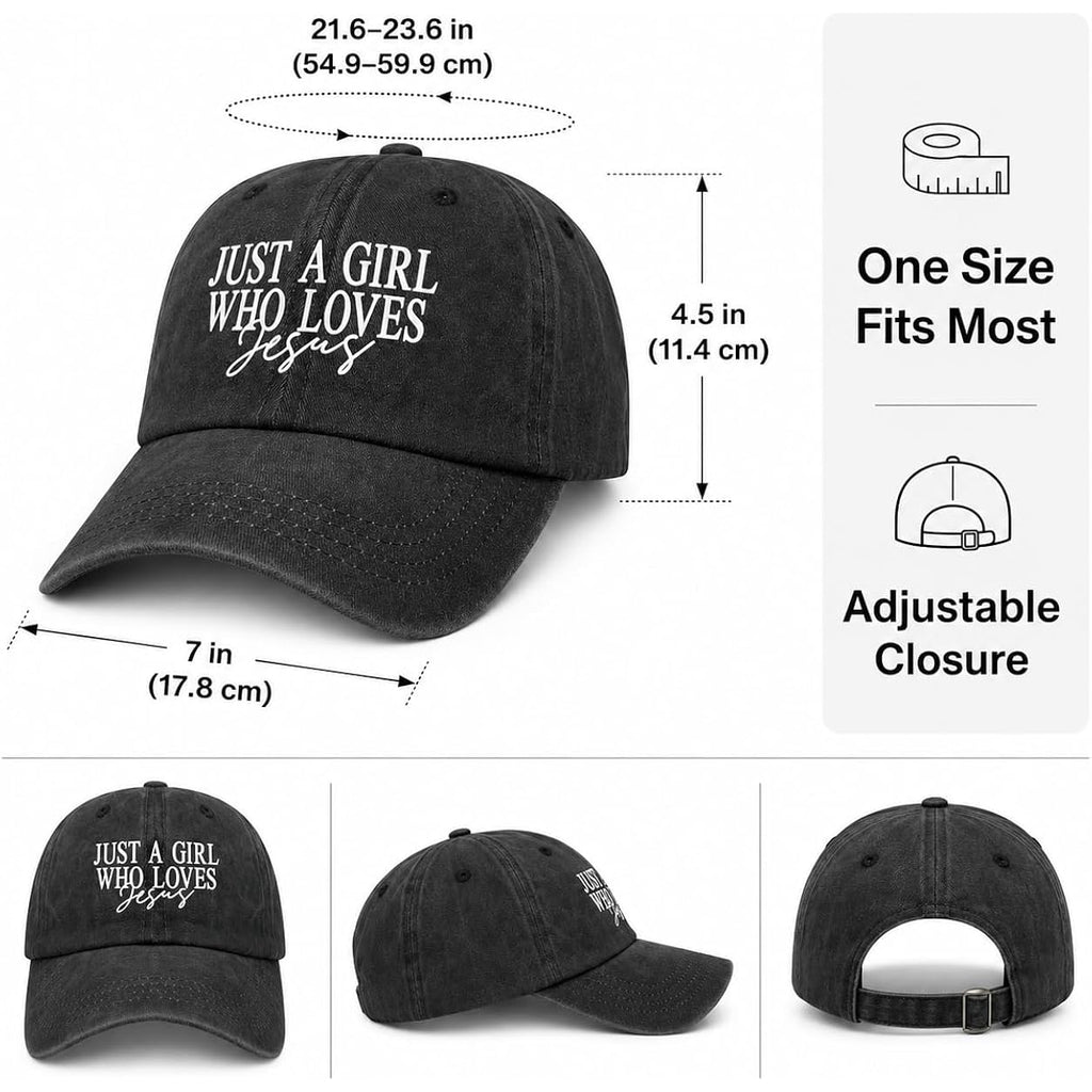 JUSTS A Girls WHO Loves Jesus Hats for Women Aesthetic Washed Distressed Allblack