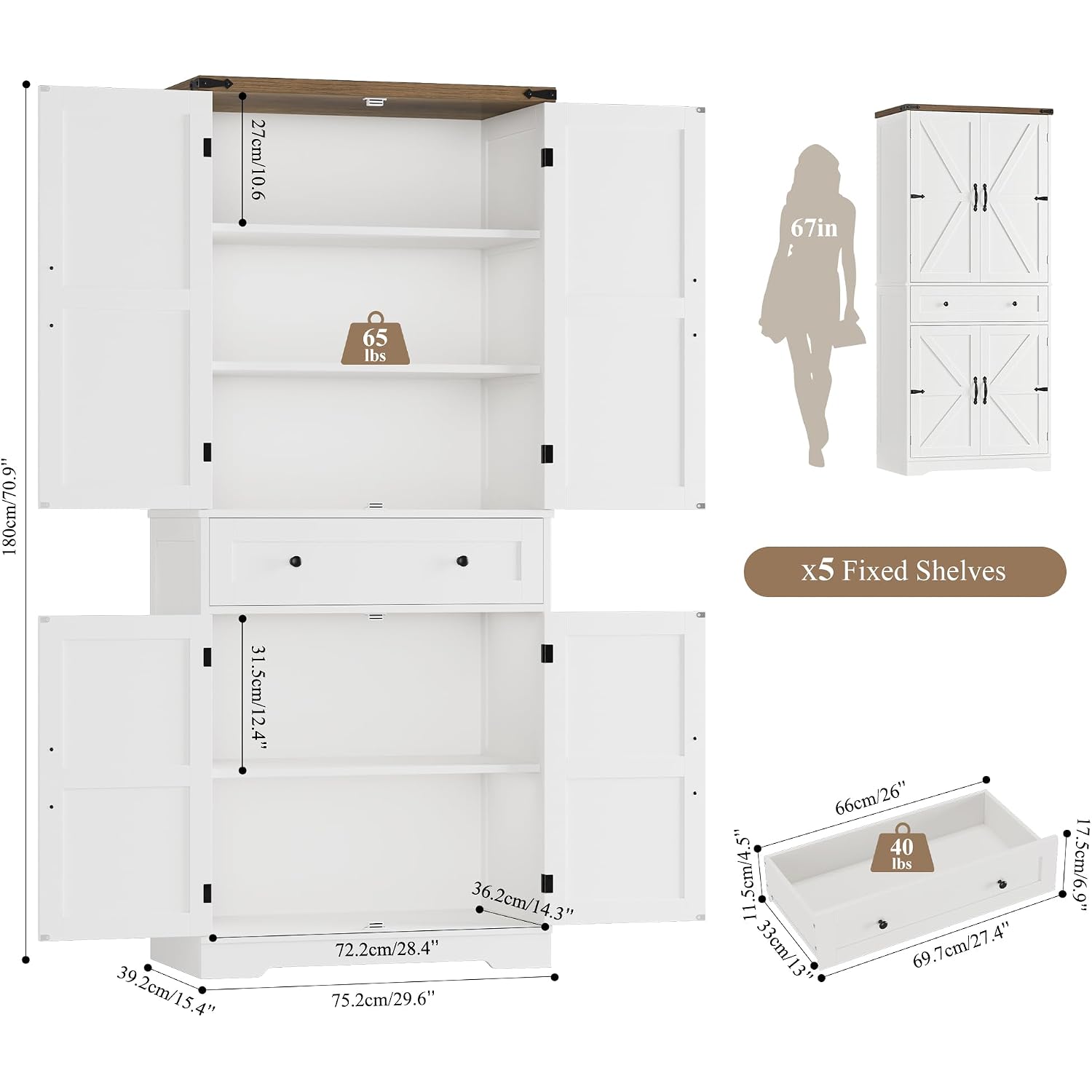 Hostack 71" Kitchen Pantry Storage Cabinet, Farmhouse Pantry Cabinet, White | Tall Kitchen Storage Cabinet With Wide Drawer, Freestanding Food Pantry With Doors & Shelves For Dining Room, Living Room