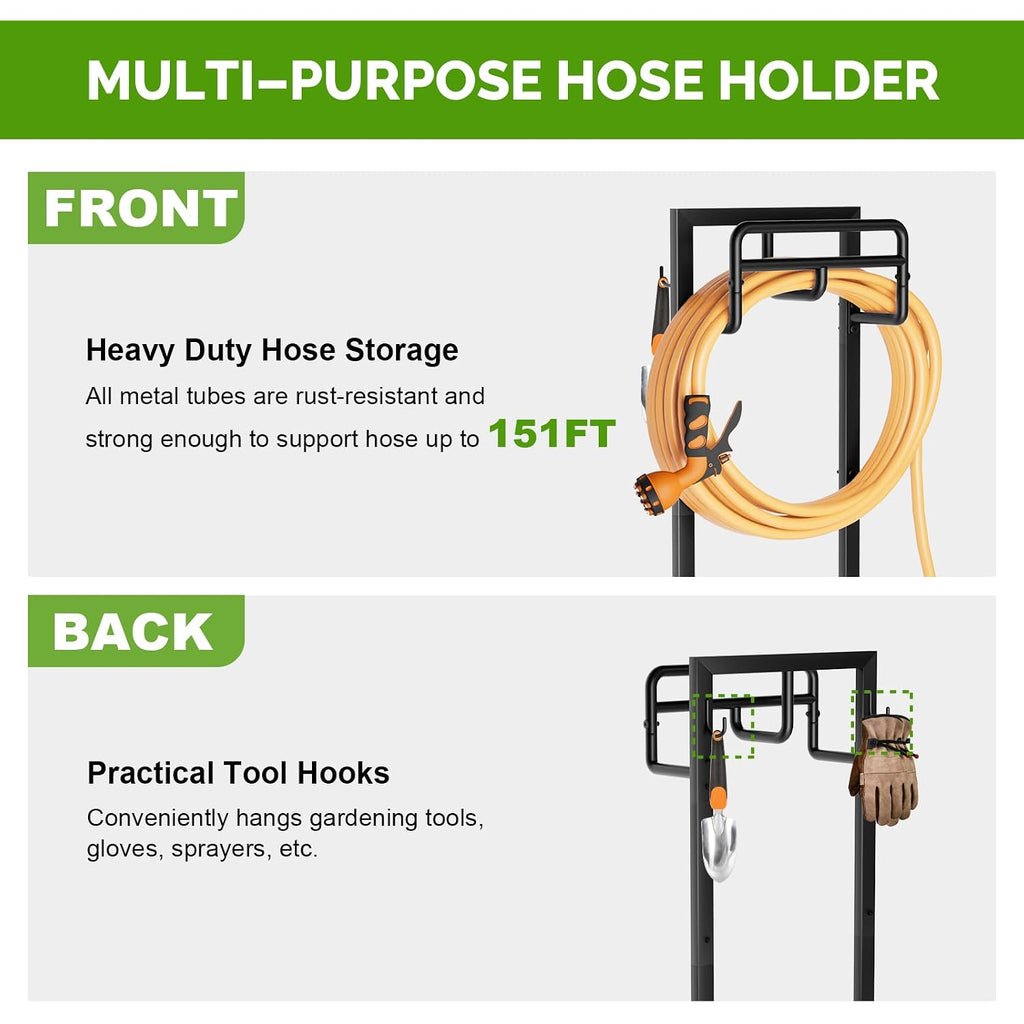 Garden Hose Holder With Stable Base And Tool Hooks, Gaviscity Heavy-Duty Metal Hose Hanger Garden Hose Storage Holds 151Ft Hose, Rustproof Freestanding Water Hose Holder For Outside, Yard, Lawn, Black