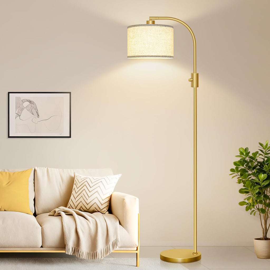 Upgraded Modern Arc Dimmable Tall Standing Floor Lamp With Linen Shade, 1200 Lumens Led Bulb Included, For Living & Reading Room, Bedroom, Office & Nursery, Gold