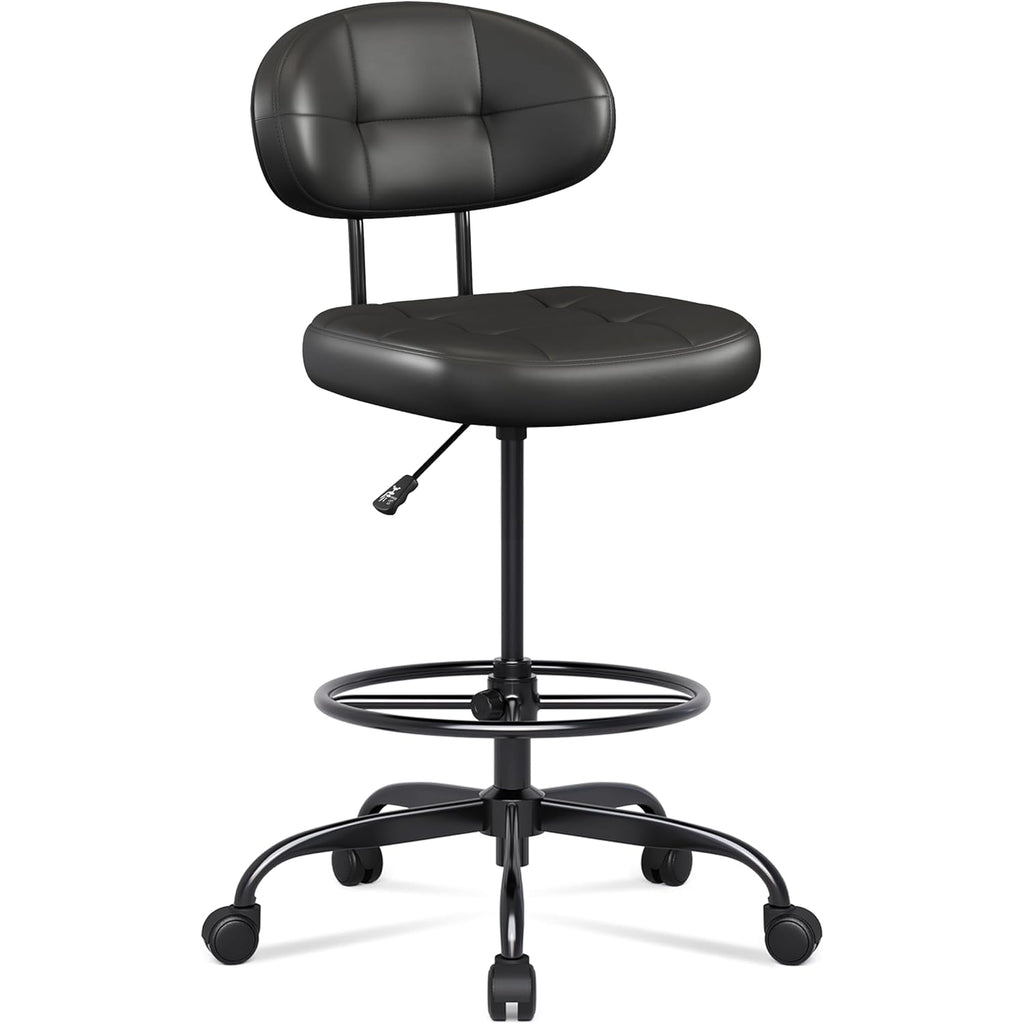 Misolant Drafting Chair Without Arms, Tall Office Chair With Footrest Ring For Standing Desk, Small Faux Leather Executive Office Chair With Adjustable Height For Bar Lab Counter Height Desk, Black