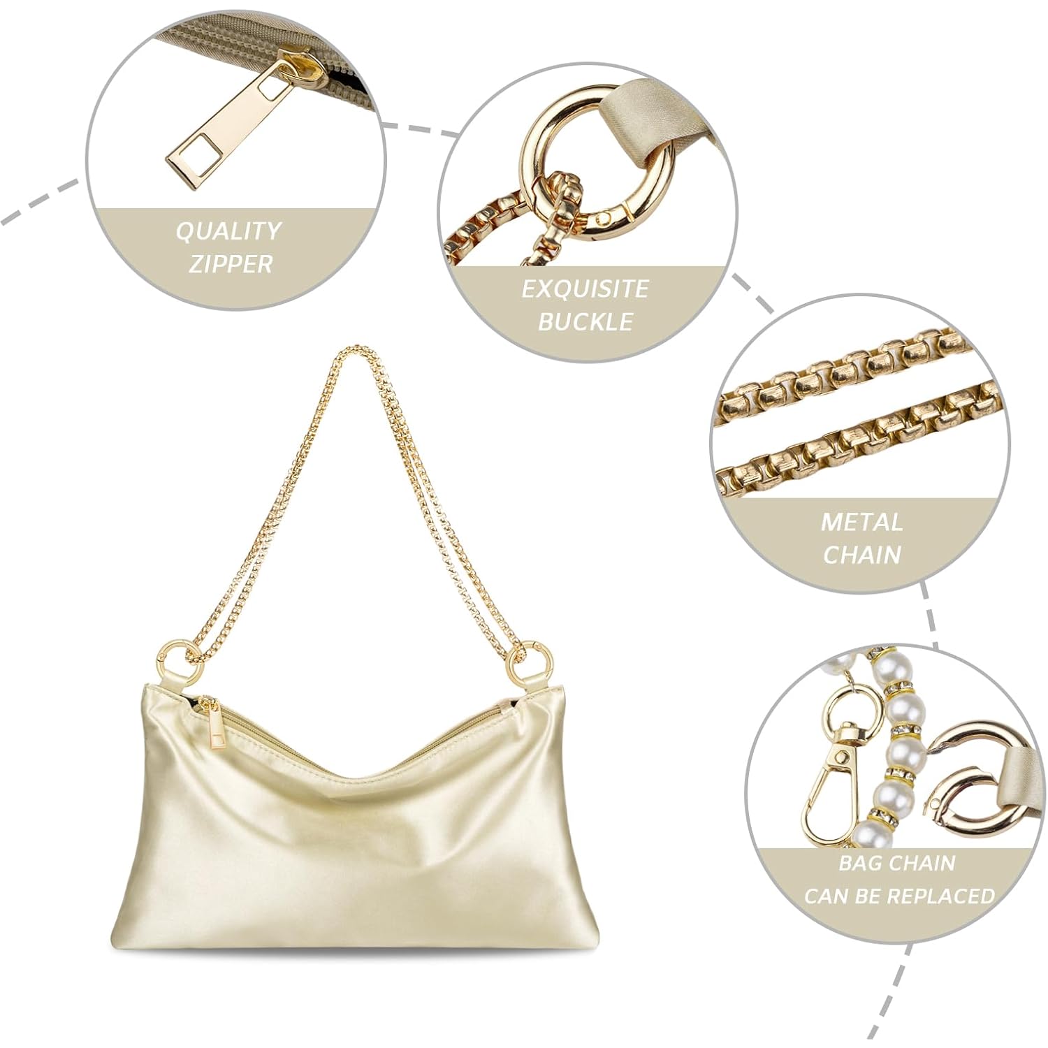 MGBPEI Women Satin Evening Handbag Wedding Prom Clutch Purse Formal Cocktail Party Clutches Shoulder Bag with 2 Bag Chains