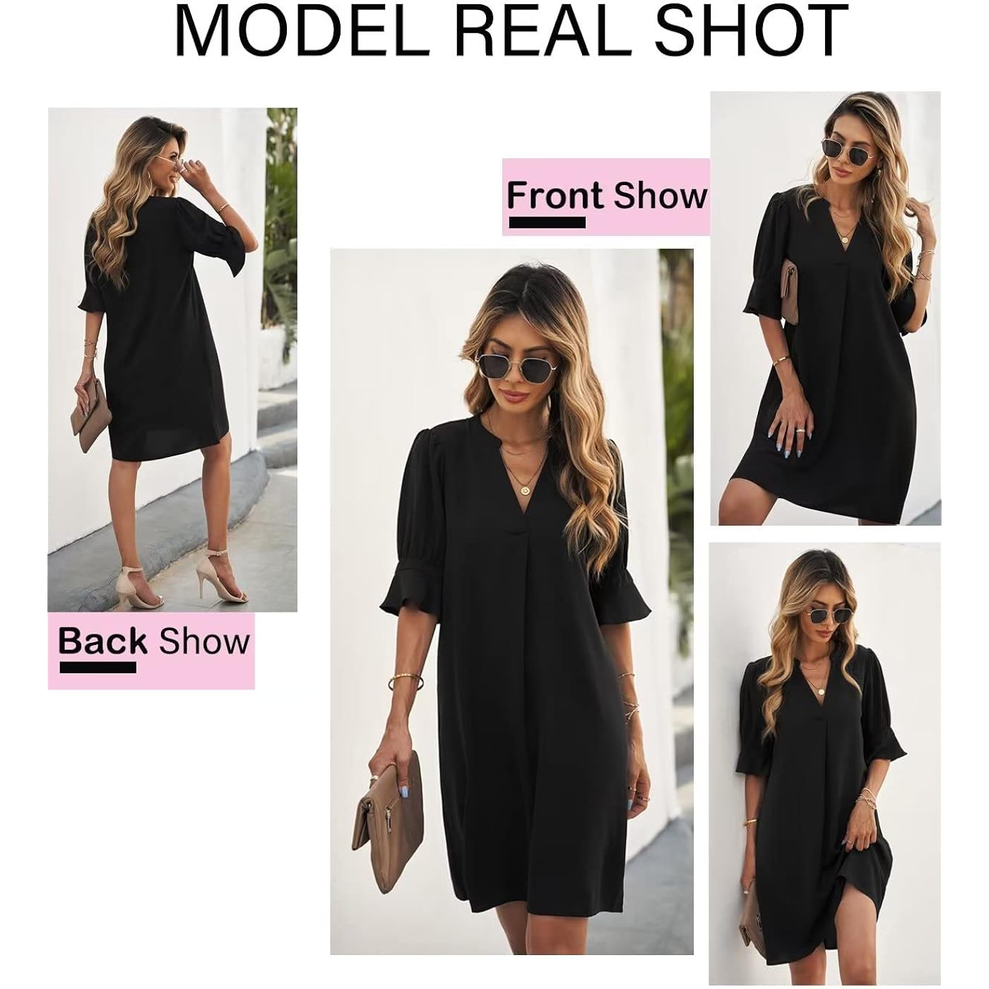Qacohu Summer Dresses For Women V Neck Ruffle Short Sleeve Casual Shift Dress