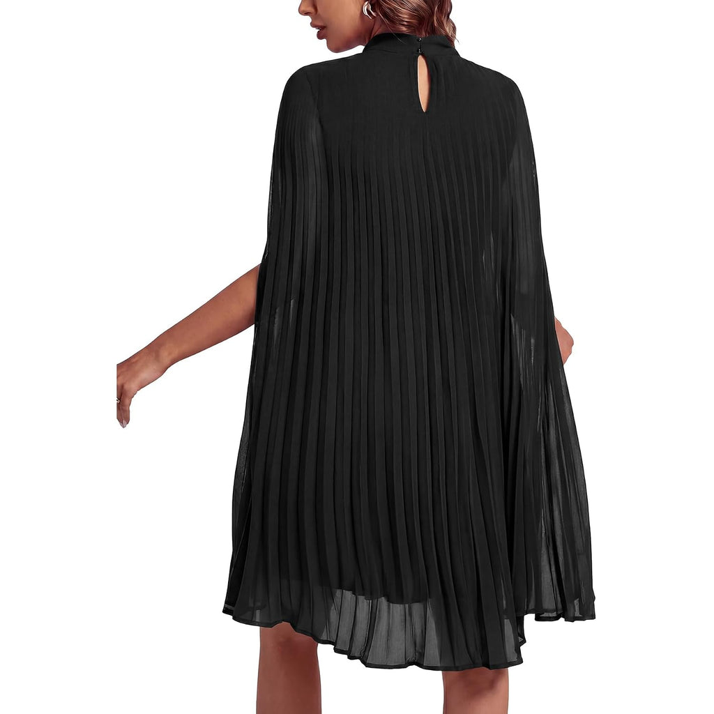 Rooscier Women'S Mock Neck Cloak Sleeve Pleated Keyhole Back Flowy Party Midi Dress