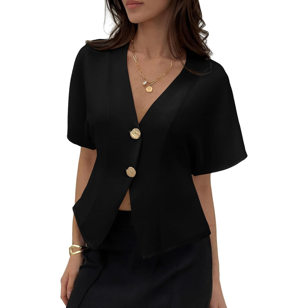 Blouses for Women Dressy Casual Summer Button Down Shirts Short Sleeve Business Work Tops