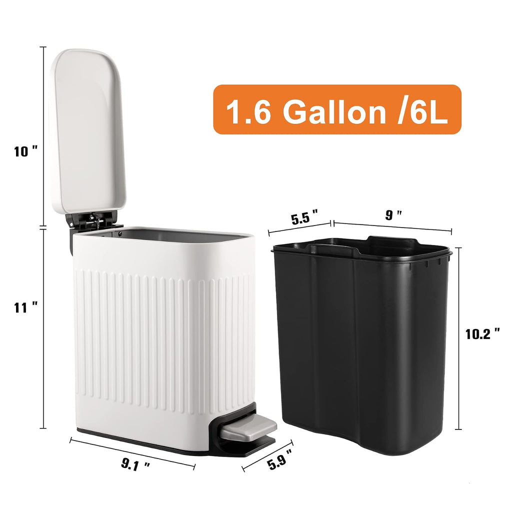 Slim Bathroom Trash Can With Lid Soft Close, 6 Liter/1.6 Gallon Stainless Steel Small Garbage Can With Removable Inner Bucket, Step Pedal, Slim Wastebasket For Toilet, Office, Bedroom, White