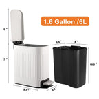 Slim Bathroom Trash Can With Lid Soft Close, 6 Liter/1.6 Gallon Stainless Steel Small Garbage Can With Removable Inner Bucket, Step Pedal, Slim Wastebasket For Toilet, Office, Bedroom, White