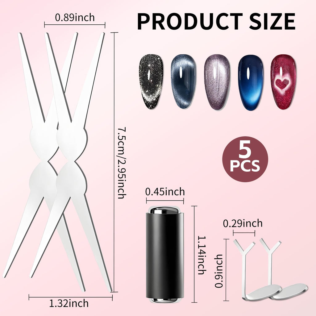 5pcs Cat Eye Magnet Set, 2-in-1 Scissor Shape Nail Magnet Tool create French & V-Shape nail effects, Heart Guide & Cylindrical Magnet for Cat Eye Gel Polish, Nail Art DIY for Home, Salon, Studio