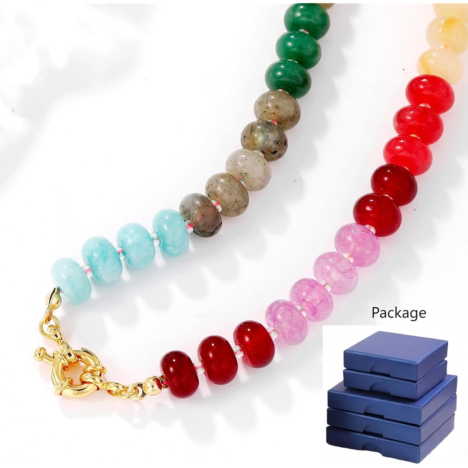 Zissunbeam Bead Gemstone Choker Necklace for Women,Colorful Natural Stone Beaded Statement Boho Beach Necklace Jewelry for Women, Rainbow Stone Charm Trendy Necklaces