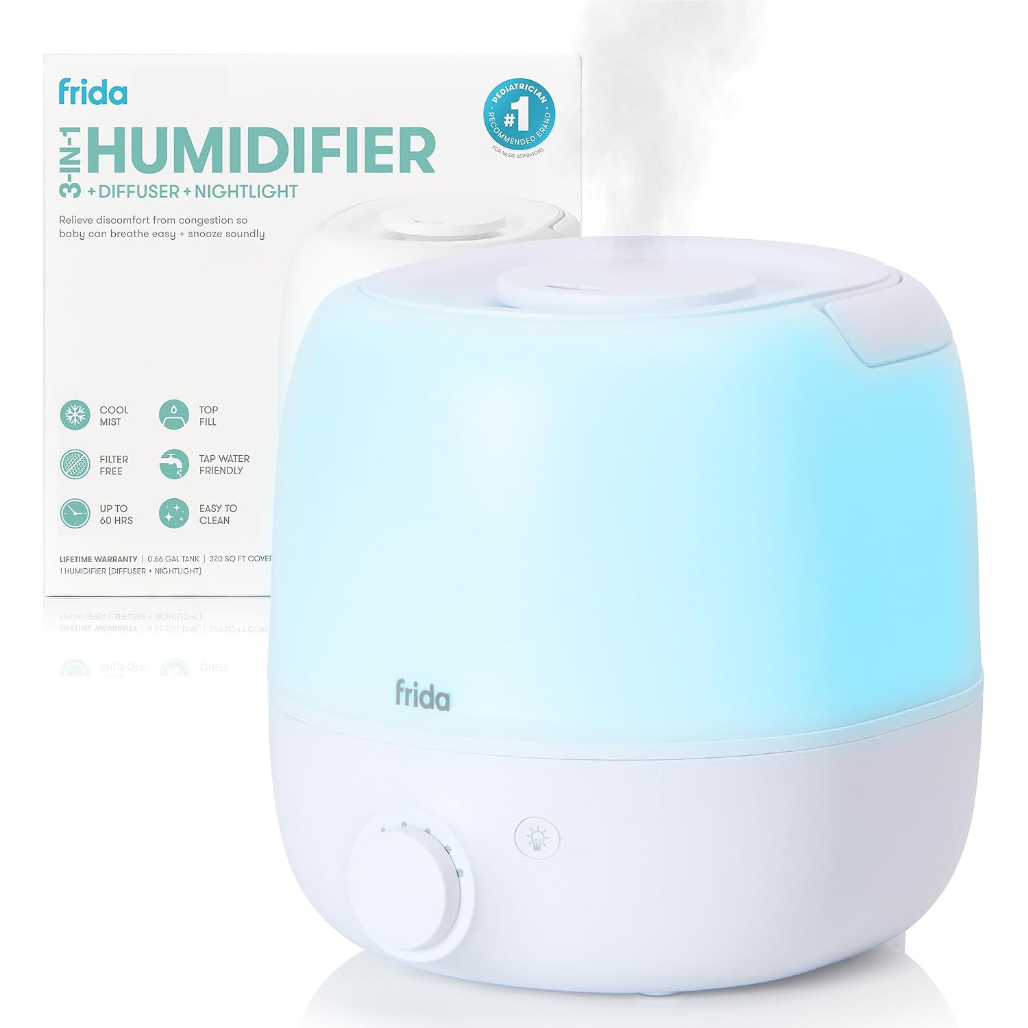 Frida Baby 3-In-1 Cool Mist Humidifier For Large Rooms, Top Fill Humidifier For Bedroom, Allergy Relief, 60 Hour Runtime + Nightlight, Auto Shut-Off, Quiet, Carry Handle, Essential Oil Diffuser