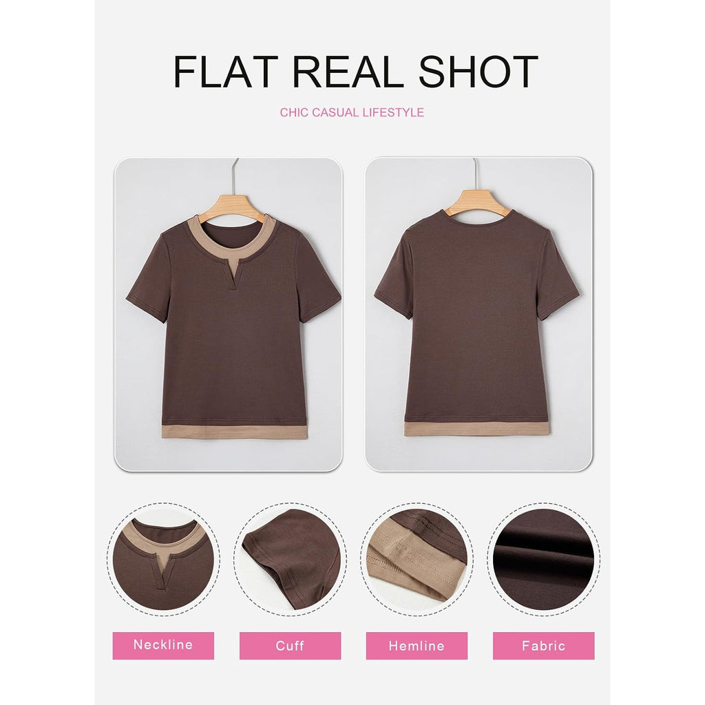SHEWIN Womens Tops Casual Crewneck Color Block Short Sleeve Mock Double Layer T-Shirt Summer Outfits for Women 2026