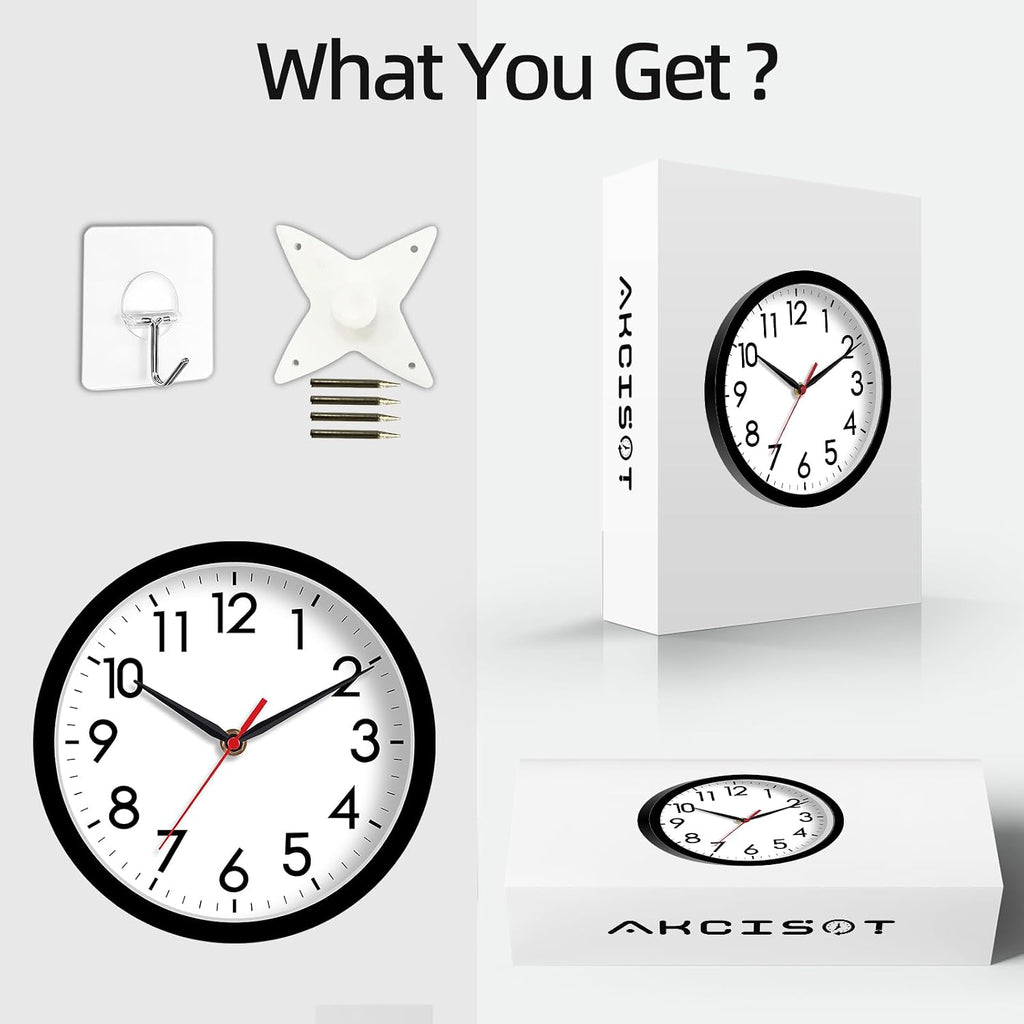 Akcisot 8 Inch Wall Clock, Battery Operated Analog Clock, Silent Non-Ticking, Ideal For Bedroom, Bathroom, Kitchen, Office And School, Black
