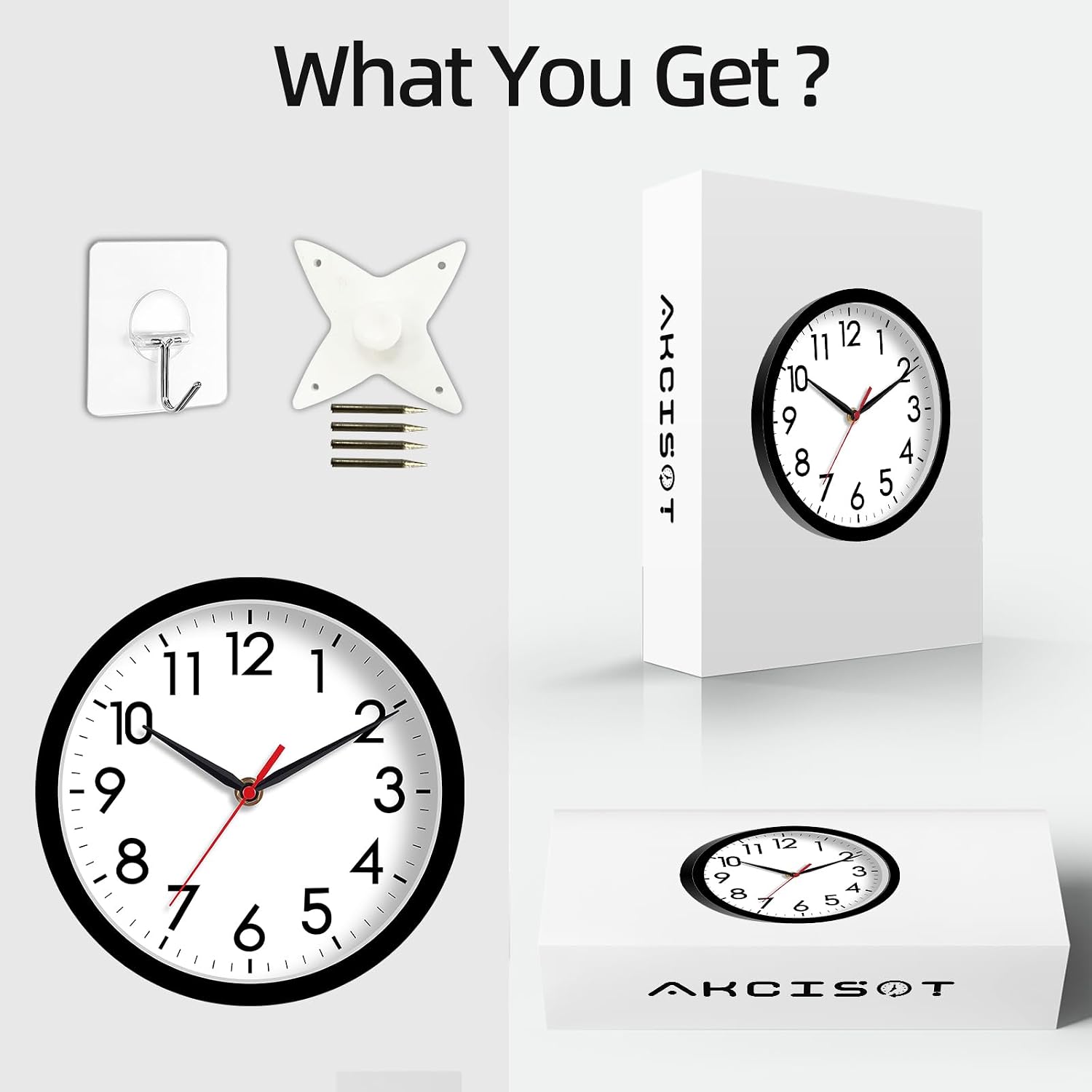 Akcisot 8 Inch Wall Clock, Battery Operated Analog Clock, Silent Non-Ticking, Ideal For Bedroom, Bathroom, Kitchen, Office And School, Black