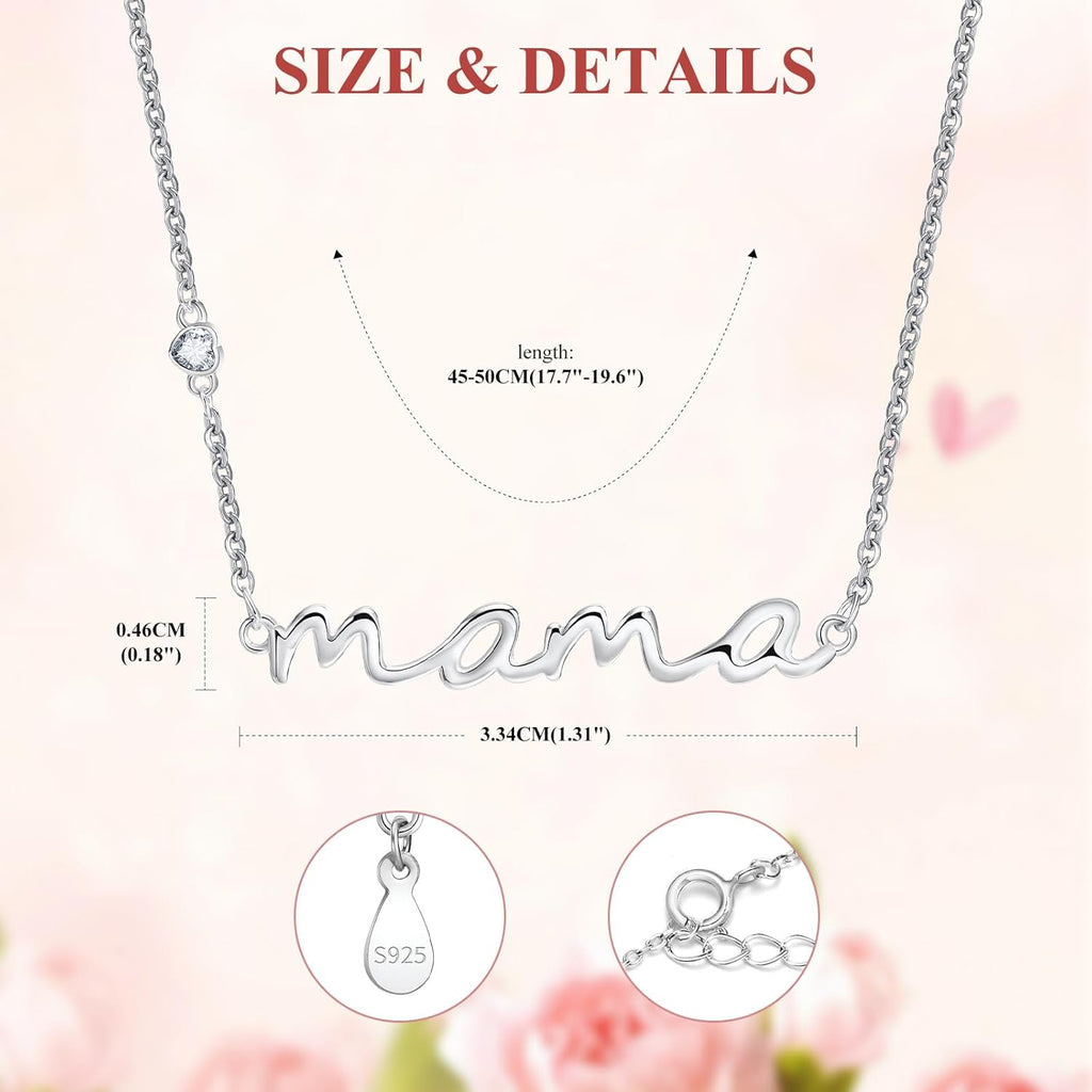 Mama Necklace for Women Mom Jewelry-S925 Sterling Silver Heart Zircon Birthstone Adjustable Trendy Dainty Pendant for Wife Grandmother Birthday Mother's Day Anniversary Christmas