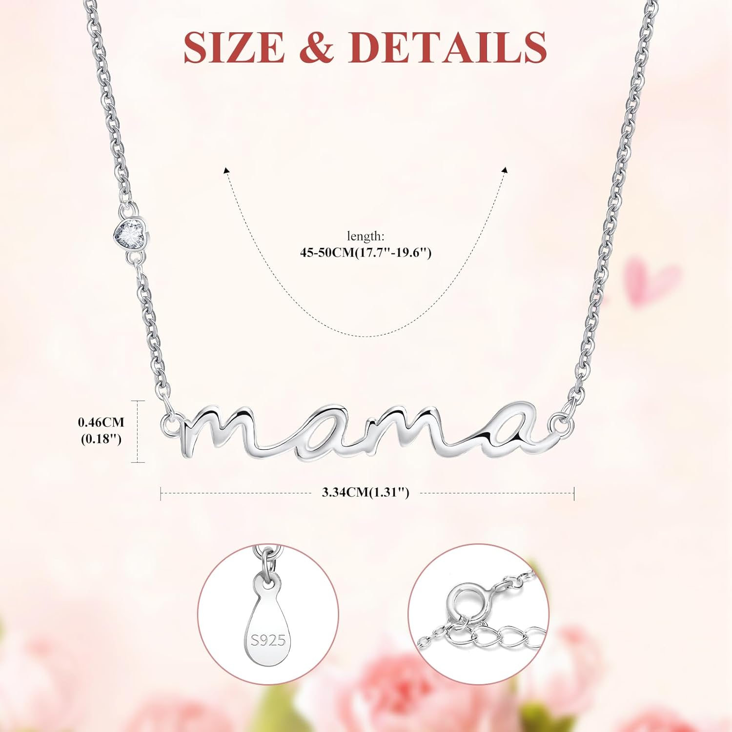 Mama Necklace for Women Mom Jewelry-S925 Sterling Silver Heart Zircon Birthstone Adjustable Trendy Dainty Pendant for Wife Grandmother Birthday Mother's Day Anniversary Christmas