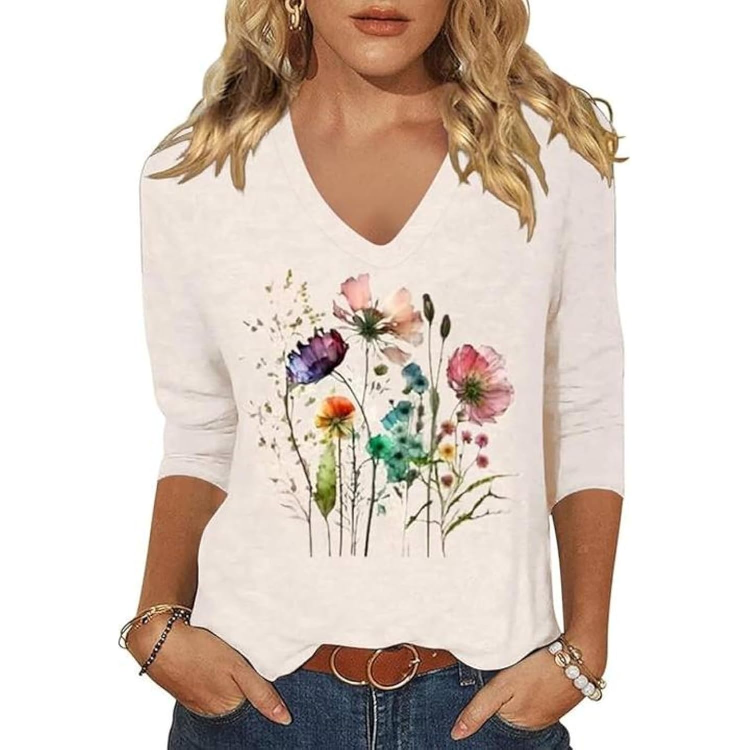 Boho Floral Graphic V Neck Shirt For Women Funny Flower Wildflower 3/4 Sleeve Tee Casual Basic Tops Pullover