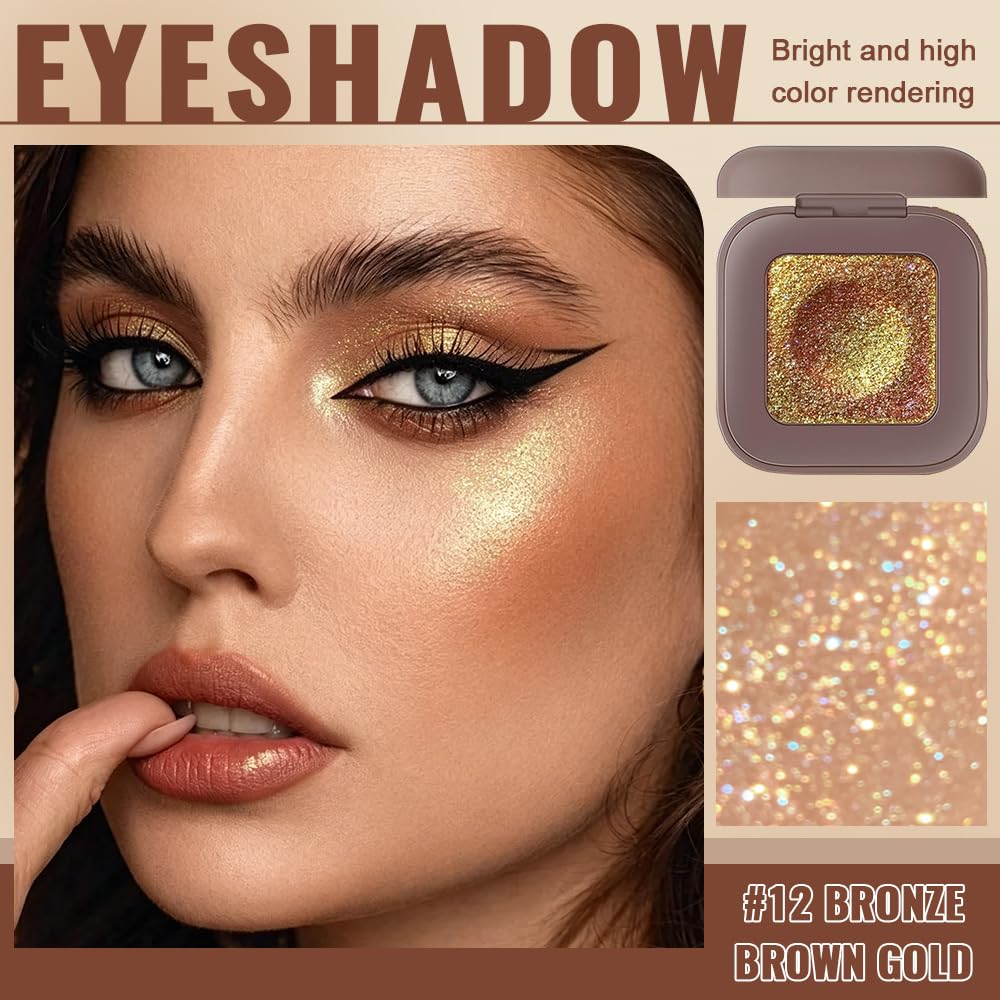 Peach Gold Shimmer Single Eyeshadow, High Pigment Blendable Eye Shadow Makeup for Older Women, Lightweight Travel Size, Suitable for All Eye Shapes, Vegan Glitter Finish Sombras para 0jos 12#