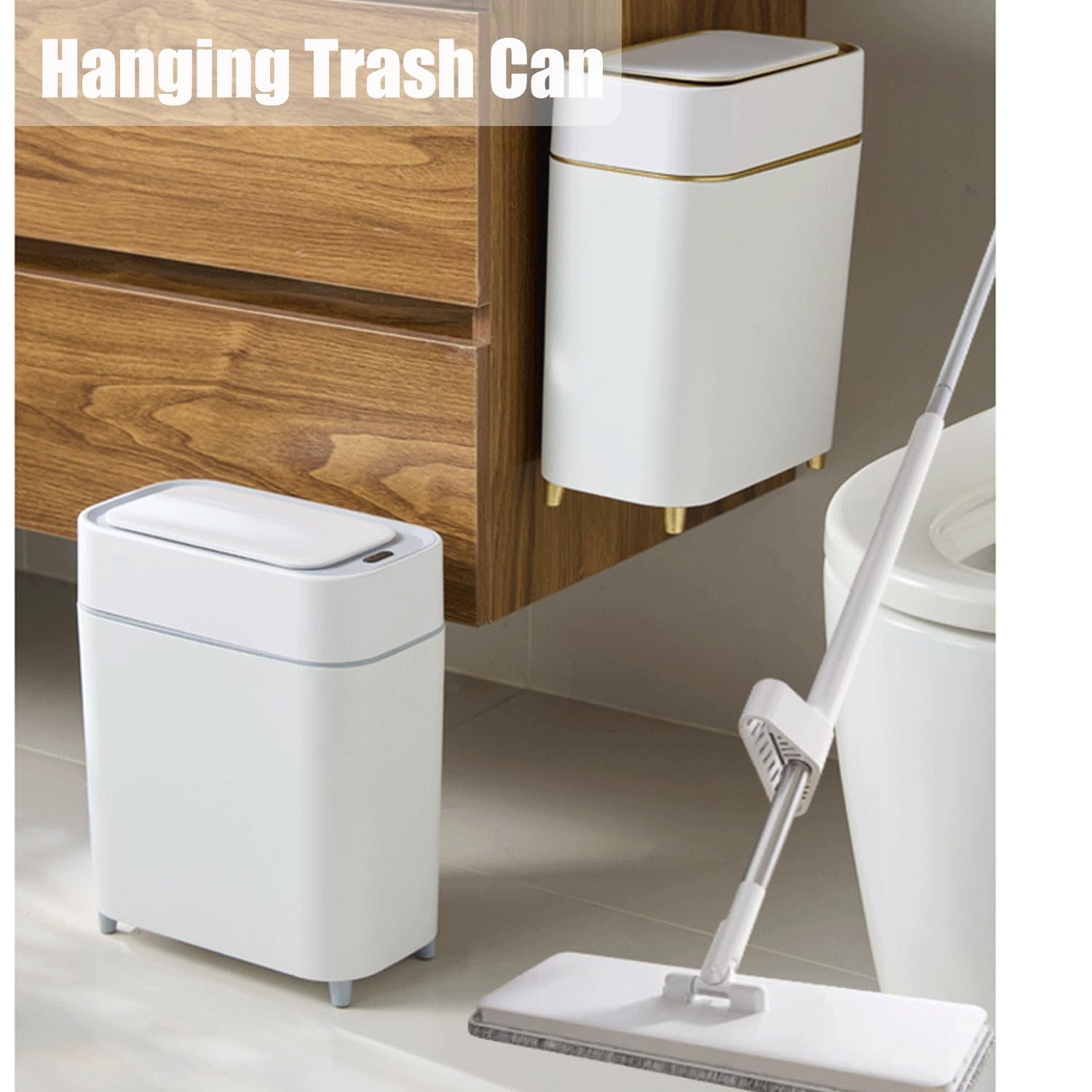 Yatmung 2-Pack - Automatic Compact Trash Can With Touchless Lid Smart Garbage Can - Waste Basket For Bathroom, Bedroom, Laundry Room, Small Spaces - Motion Sensor Trash Bin - White With Gold Edge