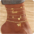 KISS WIFE Gold Anklets for Women, 14k Gold Plated Layered Cuban Figaro Link Chain Anklets Set, Dainty Waterproof Summer Beach Foot Jewelry (1)