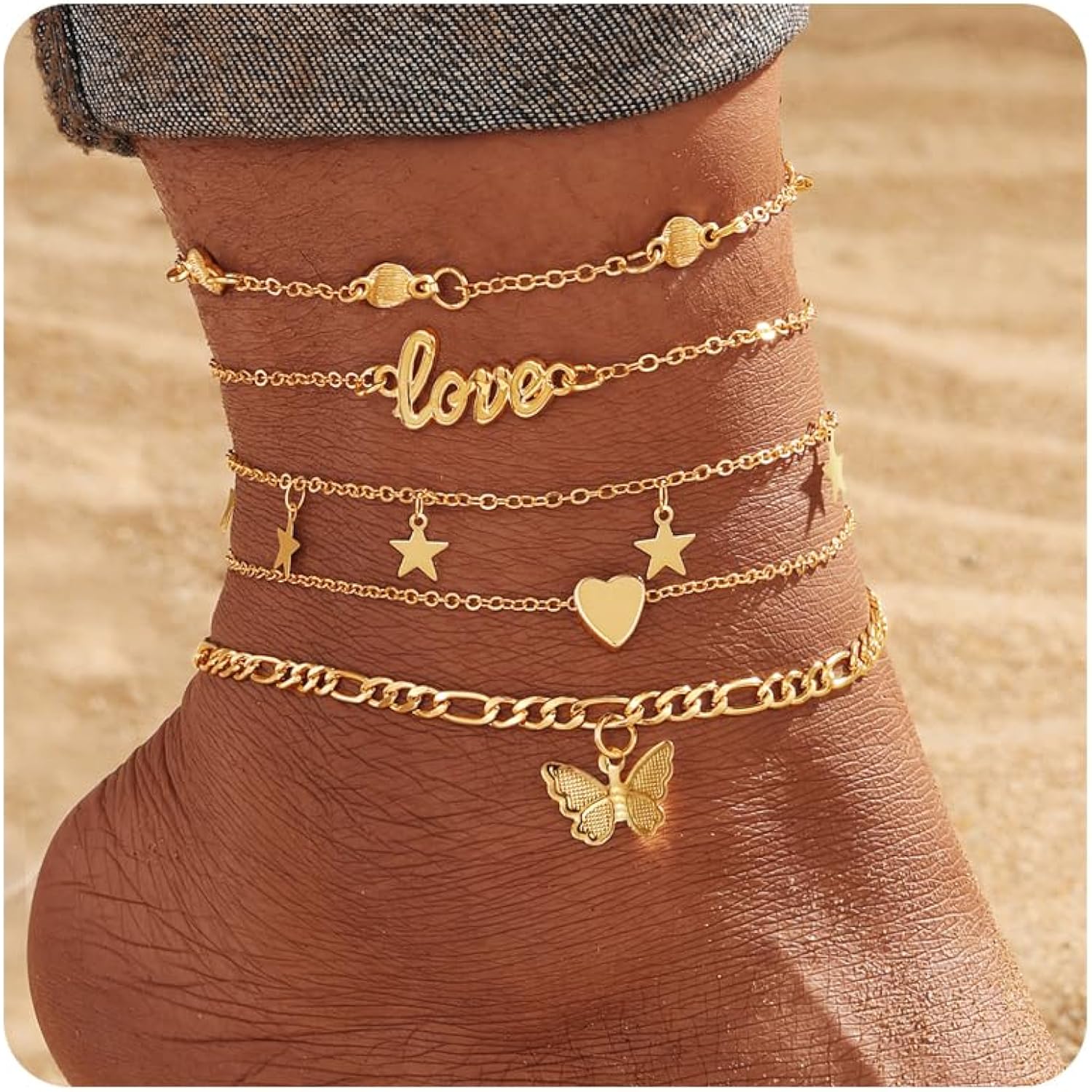 KISS WIFE Gold Anklets for Women, 14k Gold Plated Layered Cuban Figaro Link Chain Anklets Set, Dainty Waterproof Summer Beach Foot Jewelry (1)
