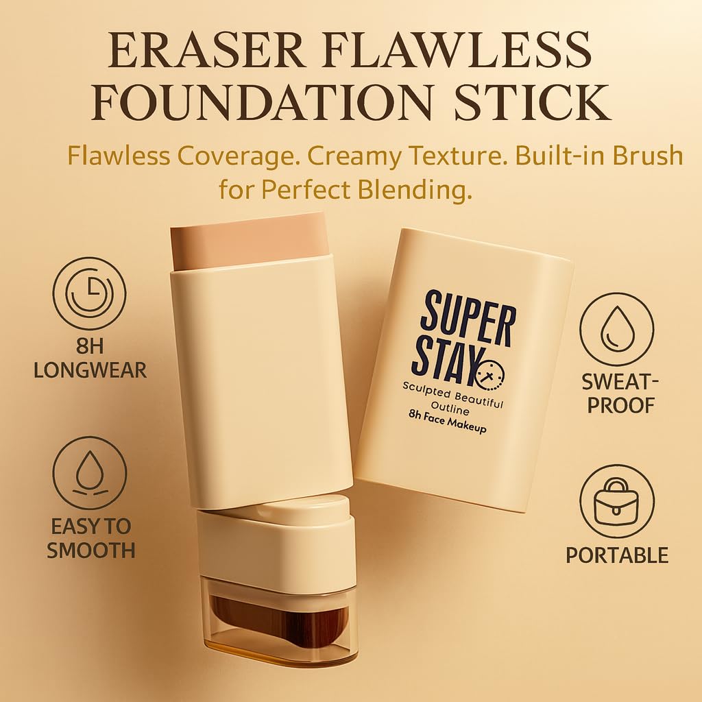 Buildable Full Coverage Foundation Stick, Matte Cream Foundation Makeup For Face & Body, Waterproof Sweat & Transfer Proof Foundation & Concealer, Smooth Finish, 2 In 1 Portable Foundation With Brush