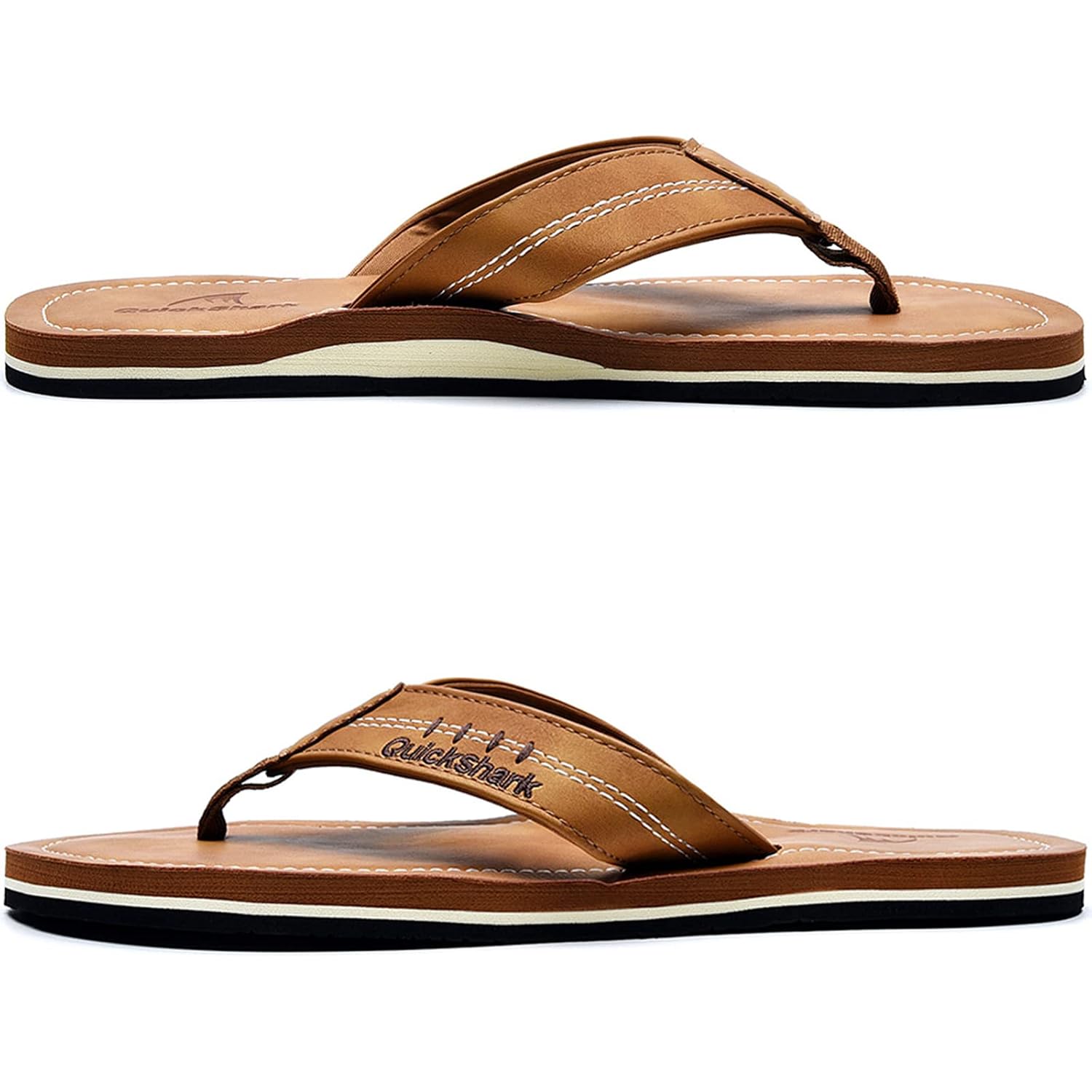 Quickshark Mens Flip Flops Leather Thong Sandals Arch Support Beach Slippers