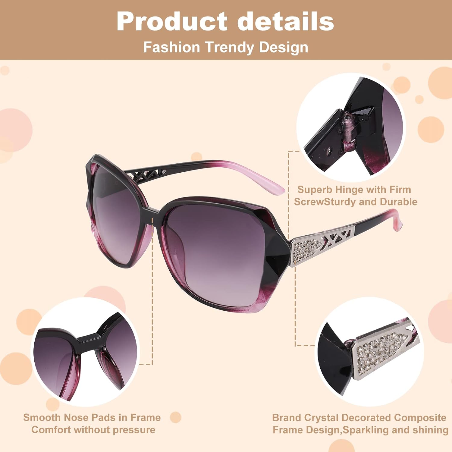 DragonflyDreams 4 Pcs Women Large Sunglasses, UV 400 Glasses Oversized Classic Trend Ladies Sunglasses Sparkling Large Frame Multi